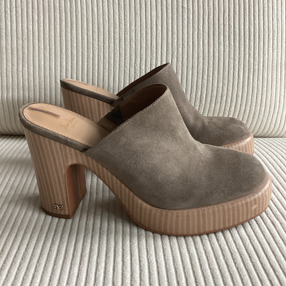 SAM EDELMAN Shiloh Women's Taupe Suede Platform Heeled Mules Clogs Size 8